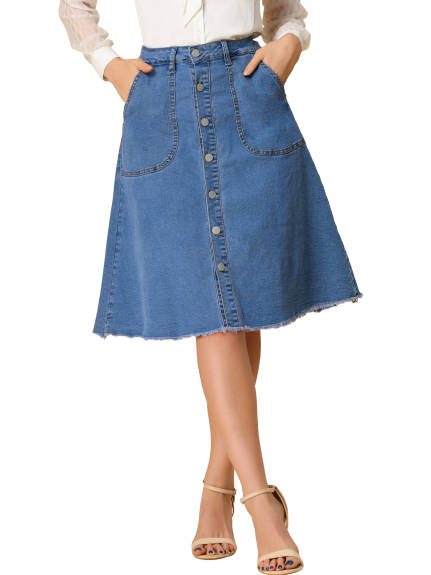 Allegra K- Raw Hem Button Down Denim Skirt