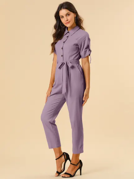 Allegra K- Turndown Collar Button up Tie Waist Cargo Jumpsuit