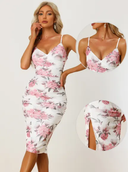 Allegra K- Ruched Mesh Side Slit Bodycon Floral Cami Dress