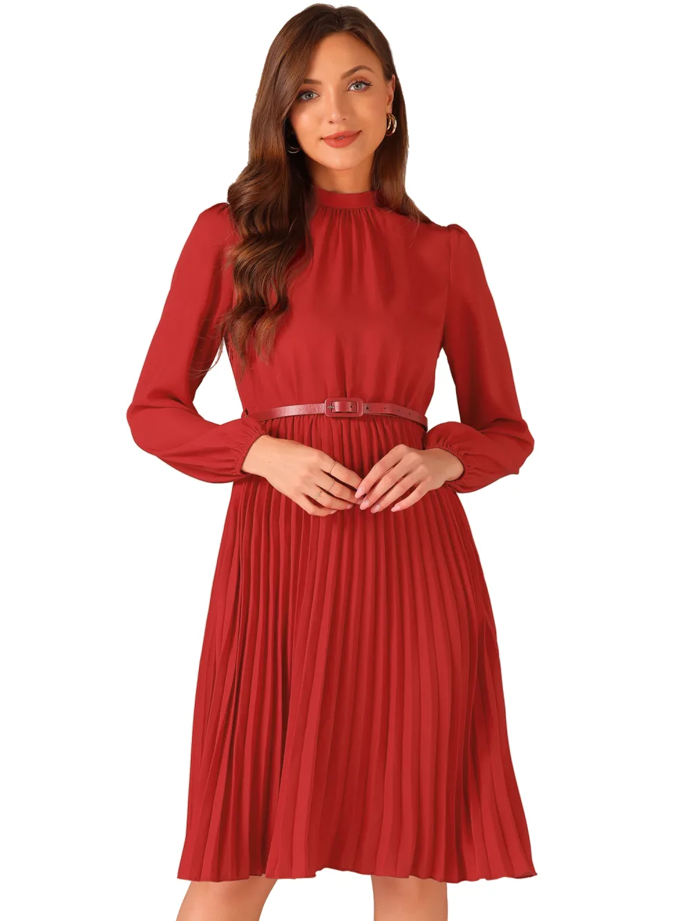 Allegra K- Elegant Long Sleeve Pleated Midi Shirt Dress