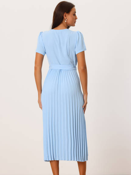 Allegra K- Short Sleeve V Neck Pleated Midi Dress