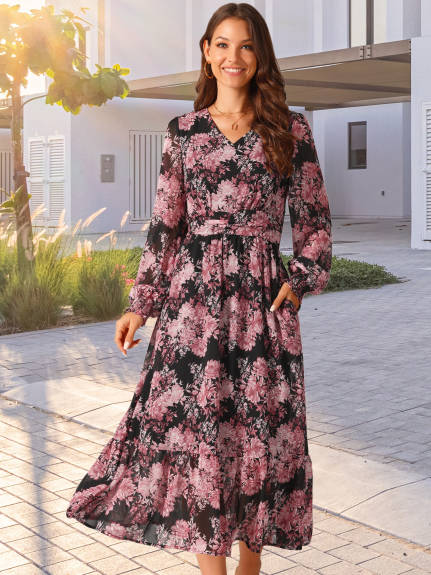 Allegra K - Long Sleeve Chiffon Flowy Floral Dress