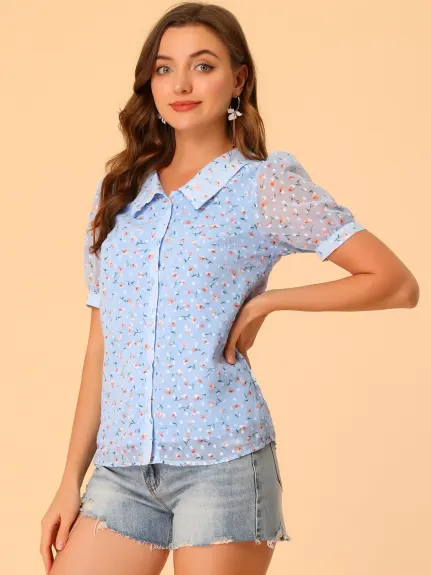 Allegra K- Floral Semi-Sheer Puff Sleeve Blouse