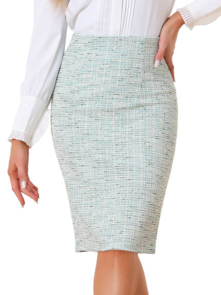 Allegra K - Tweed Plaid Slit Pencil Skirt