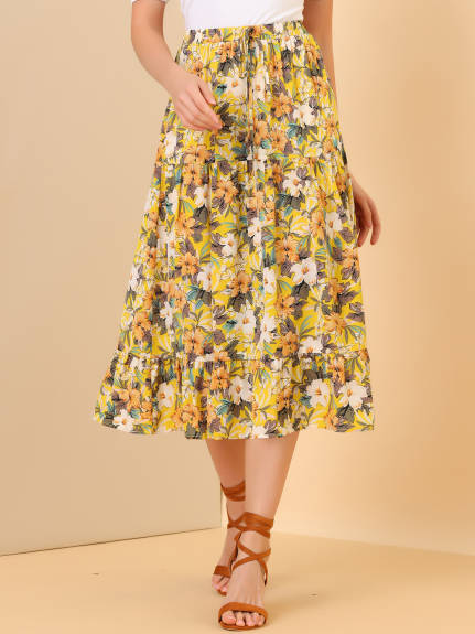 Allegra K- Floral Sunflower Tiered Chiffon A-Line Skirt