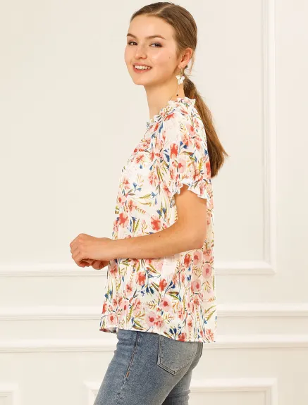 Allegra K- Blouse florale à manches courtes et col à volants