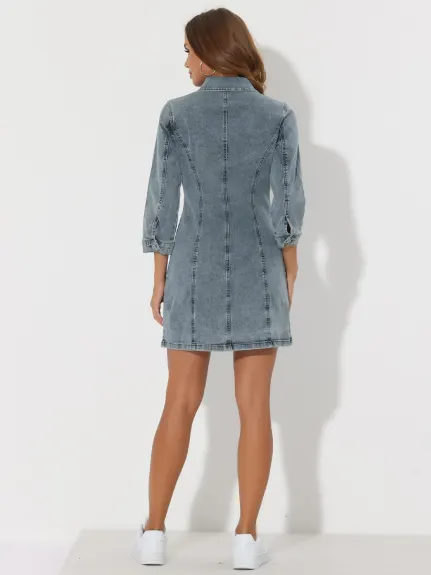 Allegra K- Robe chemise slim en jean à manches 3/4