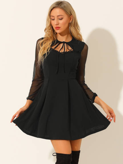 Allegra K- Tie Neck Ruffled Mesh Long Sleeve Mini Dress