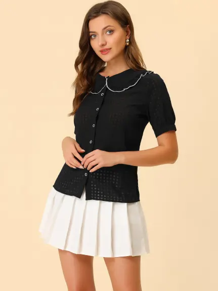 Allegra K - Peter Pan Collar Contrast Trim Gingham Shirt