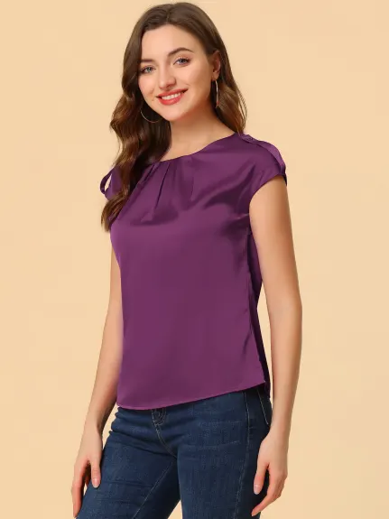 Allegra K- Cap Sleeve Silky Blouse Pleated Top