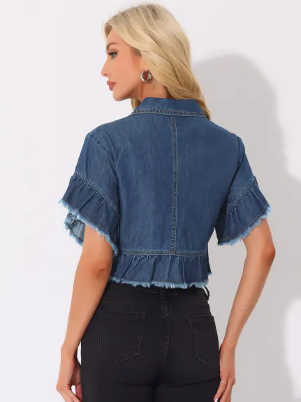 Allegra K- Veste en jean à manches courtes et volants