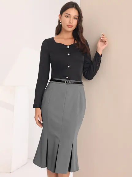 Hobemty- Below Knee Lenght Fishtail Skirt with Belt