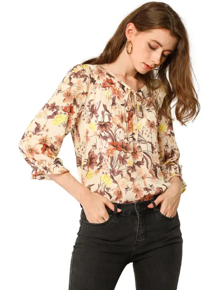 Allegra K- Tie V Neck Ruffled 3/4 Sleeve Floral Blouse