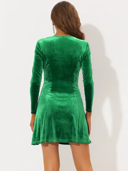 Allegra K- Velvet Wrap Long Sleeve V Neck Bodycon Ruched Dress