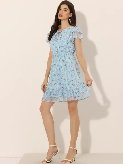 Allegra K- Ruffle Sleeve Self-Tie V Neck A-Line Floral Chiffon Dress