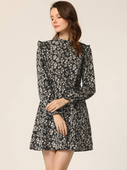 Allegra K- Ruffled Trim Stand Collar Belted Floral Dress