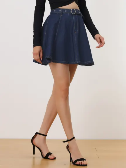 Allegra K- Belted A-Line Mini Denim Skirt