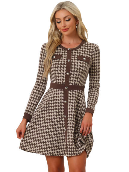 Allegra K- Houndstooth Plaid Contrast Color Crew Neck Button Front Dress