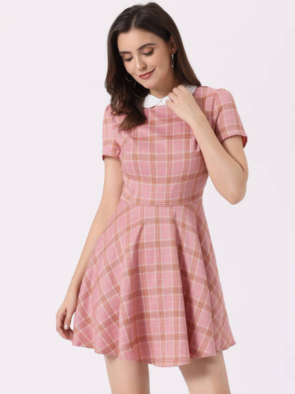 Allegra K- Peter Pan Collar Puff Sleeves Above Knee Plaid Grid Dress