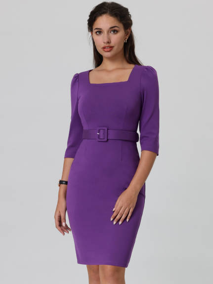 Hobemty- Square Neck Puff Sleeve Belted Pencil Dress