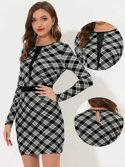 Allegra K- Plaid Mesh Panel Long Sleeve Bodycon Dress