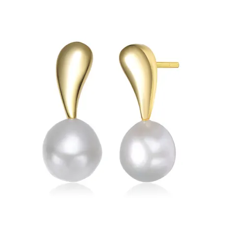 Genevive Sterling Silver 14k Gold Plated with Genuine Freshwater Round Pearl Stud Earrings