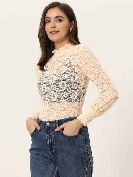 Allegra K- Turtleneck Long Sleeve Mesh Lace Floral Top