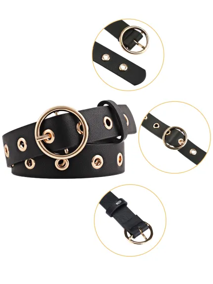 Allegra K- Studded Grommet Circle Metal Buckle Leather Belt