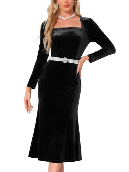 Allegra K - Square Neck Bodycon Elegant Velvet Dress