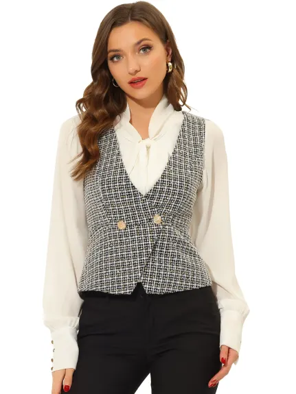 Allegra K- Gilet croisé en tweed à carreaux