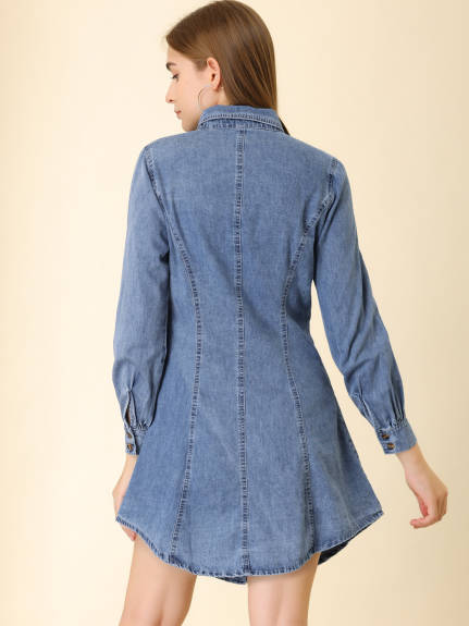 Allegra K- Long Sleeve Curved Hem Denim Shirt dress