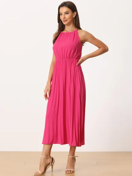 Allegra K- Halter Neck Belted Pleated Dress