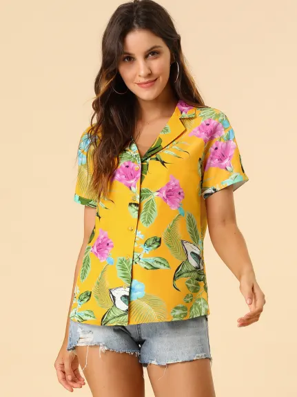 Allegra K- Beach Tropical Floral Leaves Button Down Shirt