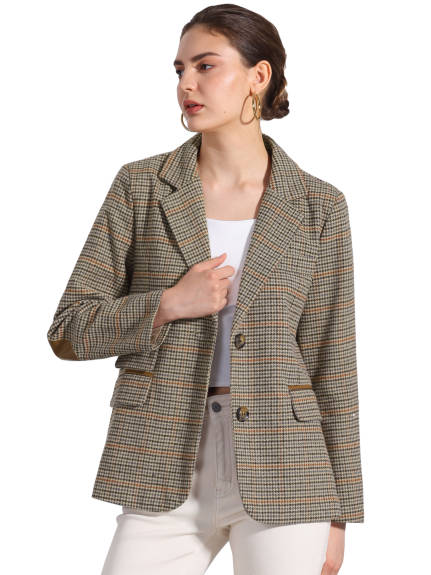 Allegra K - Notched Lapel Button Plaid Blazer Jacket