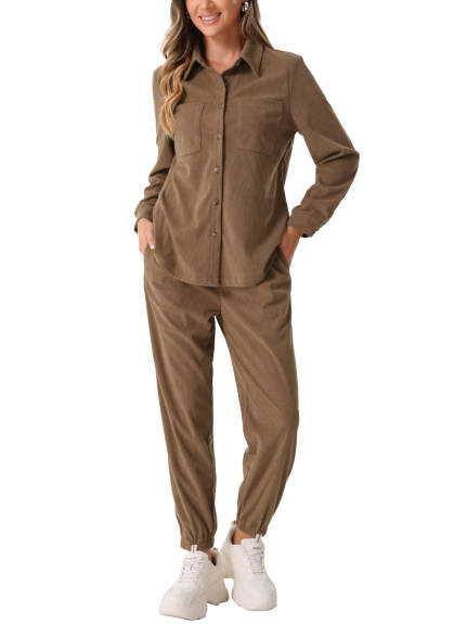 Allegra K - Corduroy Long Sleeve Shirt and Pants 2 Piece Outfits