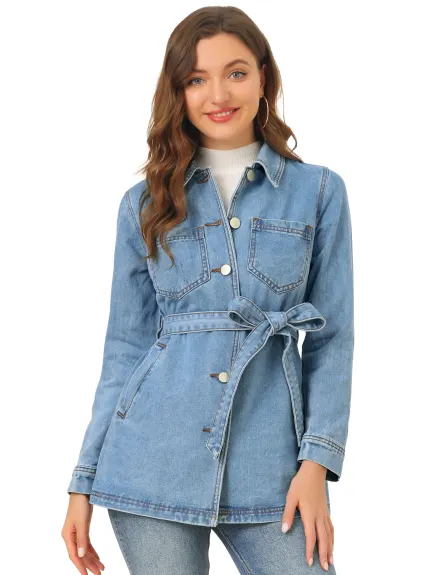 Allegra K- Veste en jean à manches raglan et ceinture à nouer à la taille