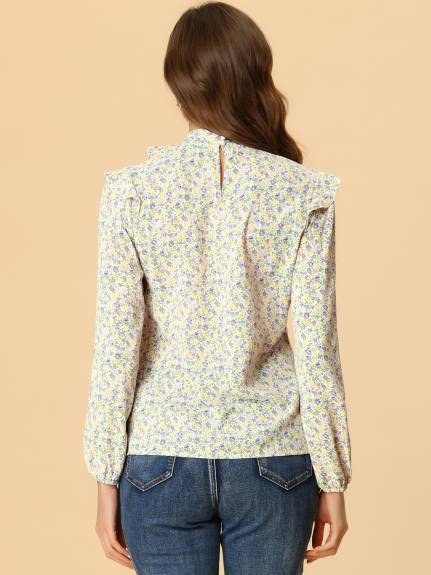 Allegra K- Side Bow Tie Neck Ruffled Floral Blouse