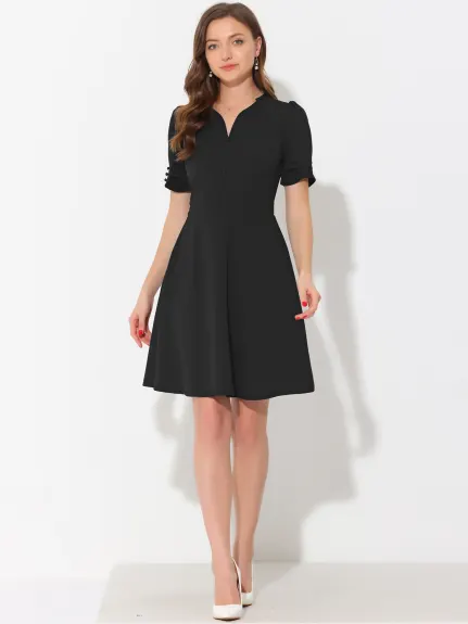 Allegra K- Elegant Puff Sleeve V Neck A-Line Dress