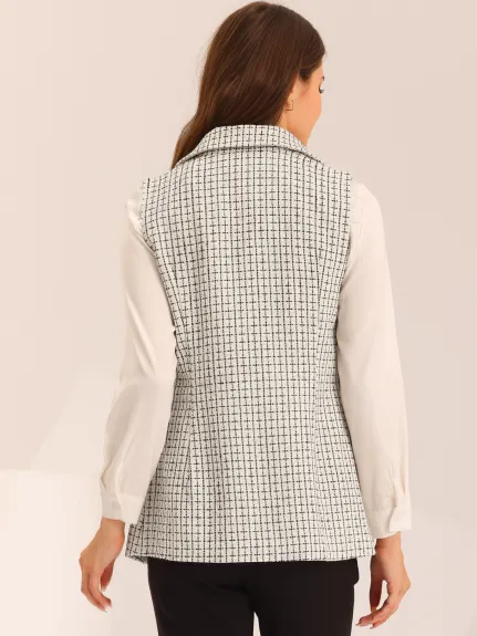 Allegra K- Plaid Tweed Lapel Open Front Blazer Vest
