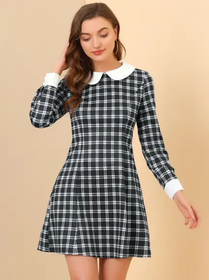 Allegra K- Contrast Peter Pan Collar Long Sleeve A-Line Plaid Dress