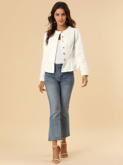 Allegra K- Ruffled Hem Cropped Washed Denim Jacket