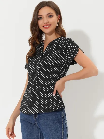 Allegra K- Dots Printed V Neck Short Sleeve Blouse