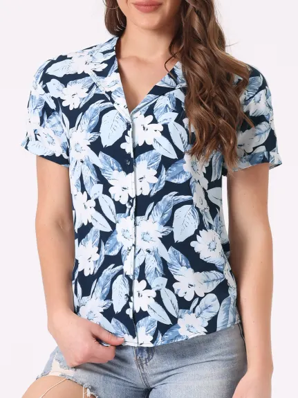 Allegra K- Beach Tropical Printed Button Down Shirt