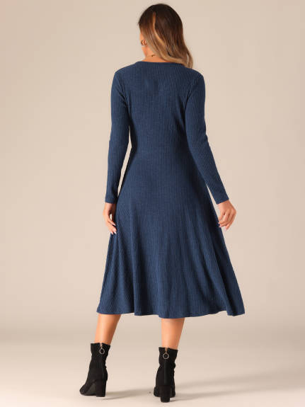 Allegra K- Ribbed Knit Long Sleeve A-Line Wrap Dress