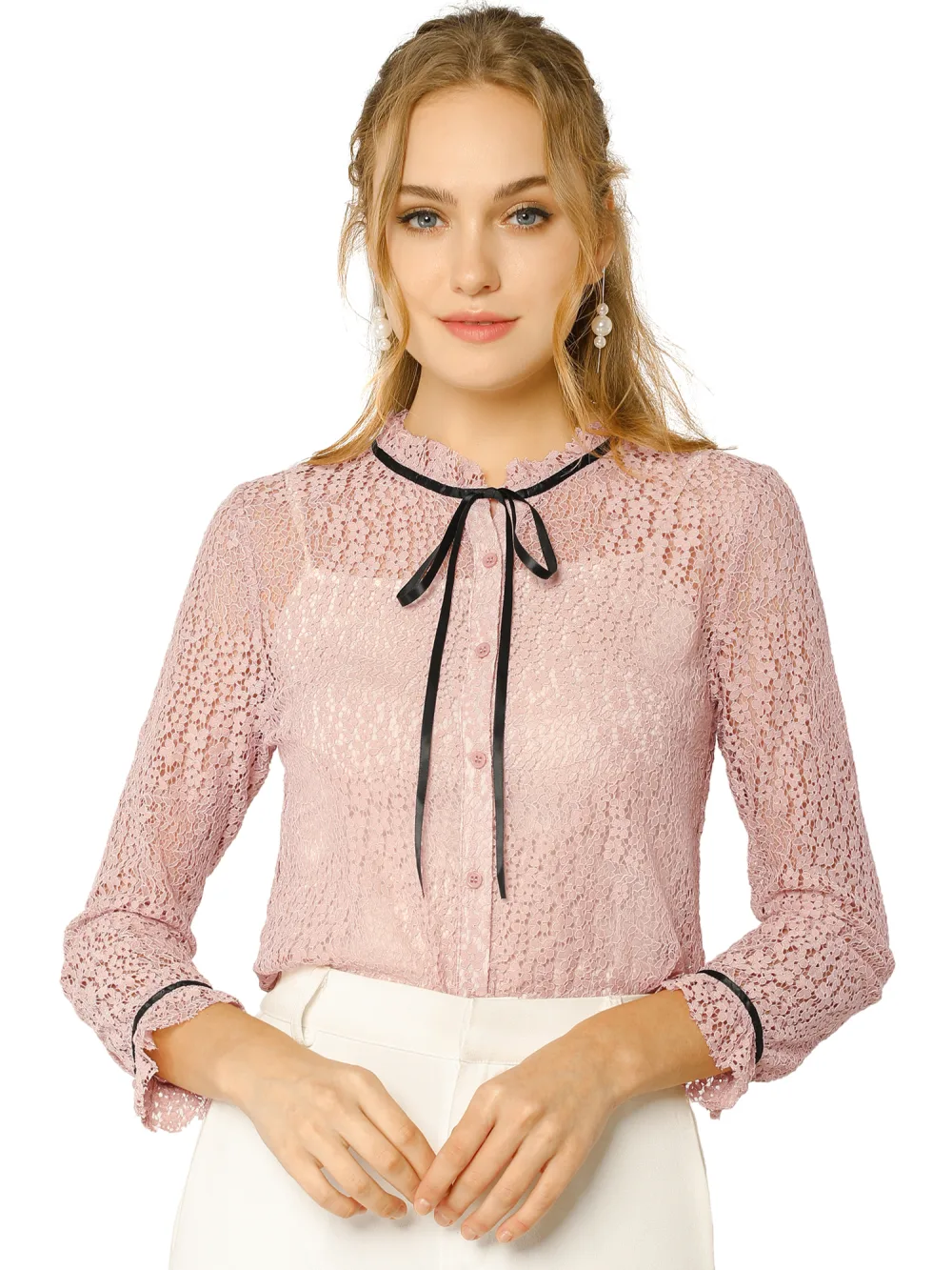 Allegra K- Lace Floral Semi Sheer Long Sleeve Blouse