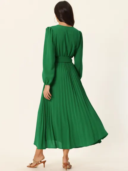 Allegra K- Pleated Puff Long Sleeve V Neck Belt Waist Midi Dress