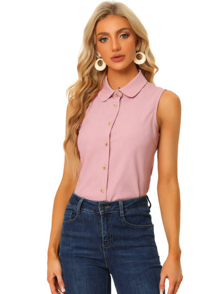 Allegra K - Chambray Button Sleeveless Collar Shirt