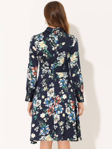 Allegra K- Mock Neck Long Sleeve Floral Satin Midi Dress