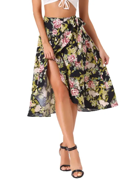 Allegra K- Floral Boho Wrap Midi Skirt