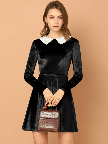 Allegra K- Velvet Long Sleeve Peter Pan Collar Flare Dress